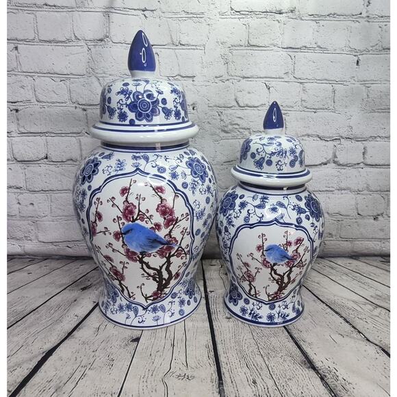 Set of Two Vintage Temple Jars With blue Bird Vase with Lid by Sagebrook Home - Picture 1 of 7